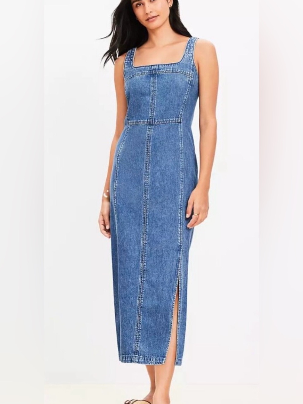 Loft Seamed Denim Midi Dress Jumper Size 12 Sleeveless Women’s
